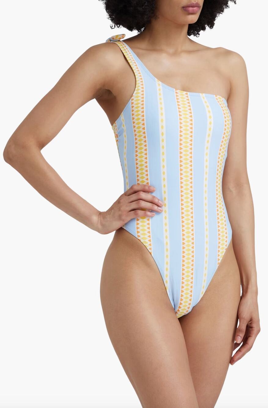 Lemlem Jemari One Shoulder Cutout Stretch Jacquard Swimsuit Blue Striped XS NWT